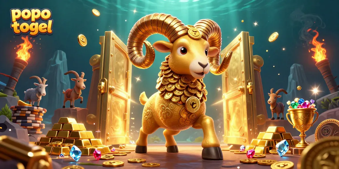 Engage with popo togel graphics featuring a golden ram charging through a treasure vault in this vibrant illustration.