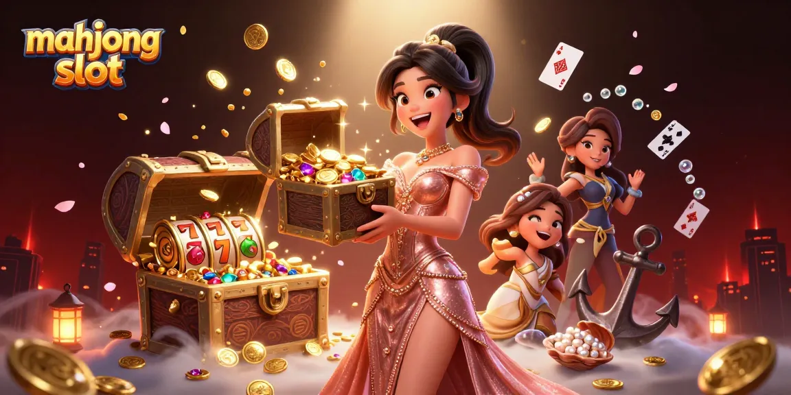 Winning at mahjong slot with an extravagant Asian woman celebrating over a treasure chest of coins.