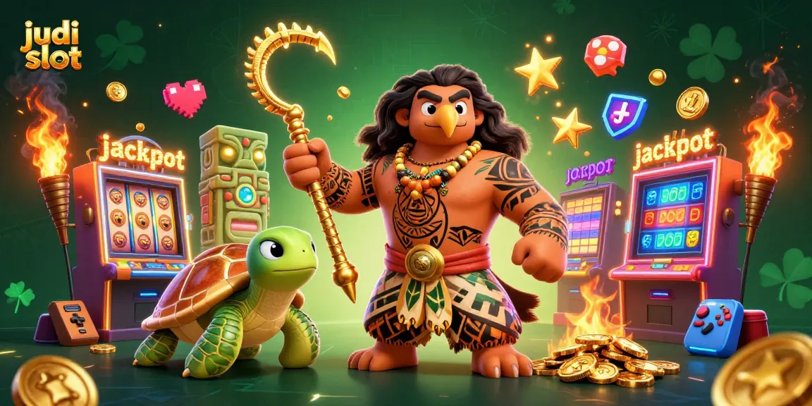Play judi slot with vibrant characters and dynamic casino elements in this 3D illustration.