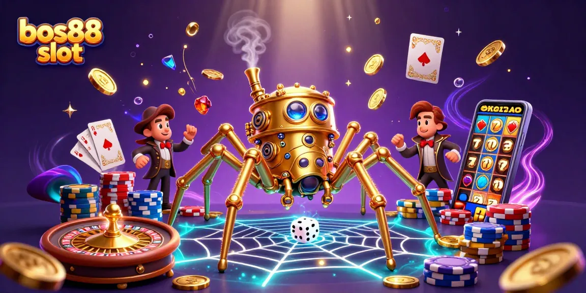 Experience thrilling action with bos88 slot featuring a steampunk spider and poker elements.