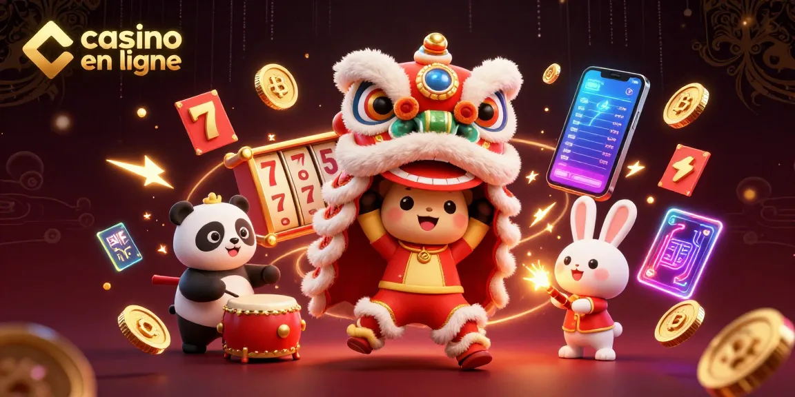 Gagnez au casino en ligne avec une illustration de danse du lion et des éléments de jeu captivants.