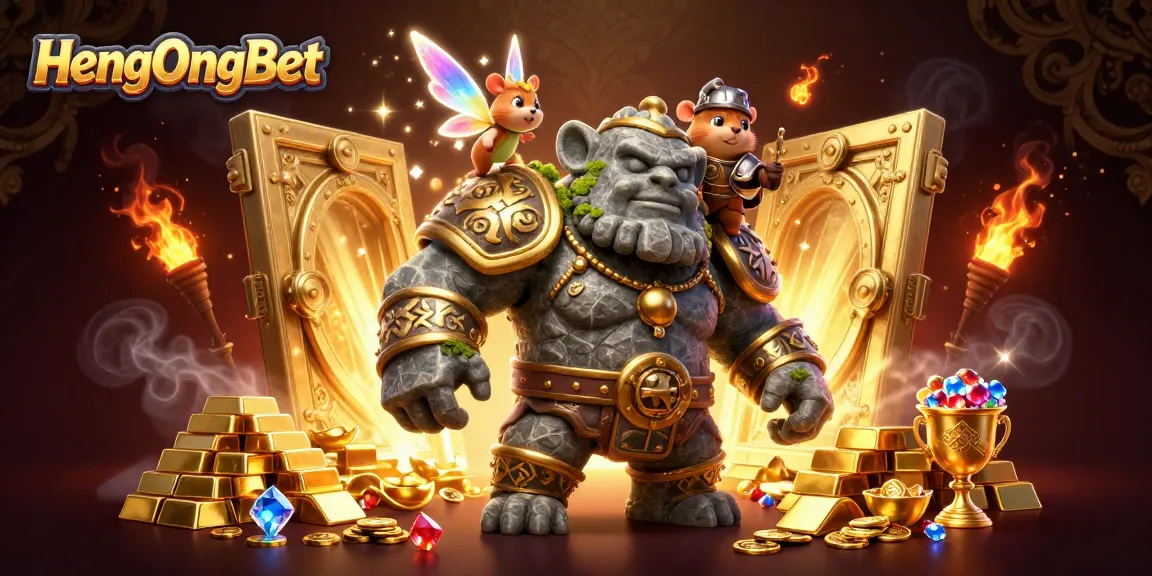 Engage with HengOngBet's thrilling casino elements featuring a golem, fairy, and hamster knight amidst gold treasures.