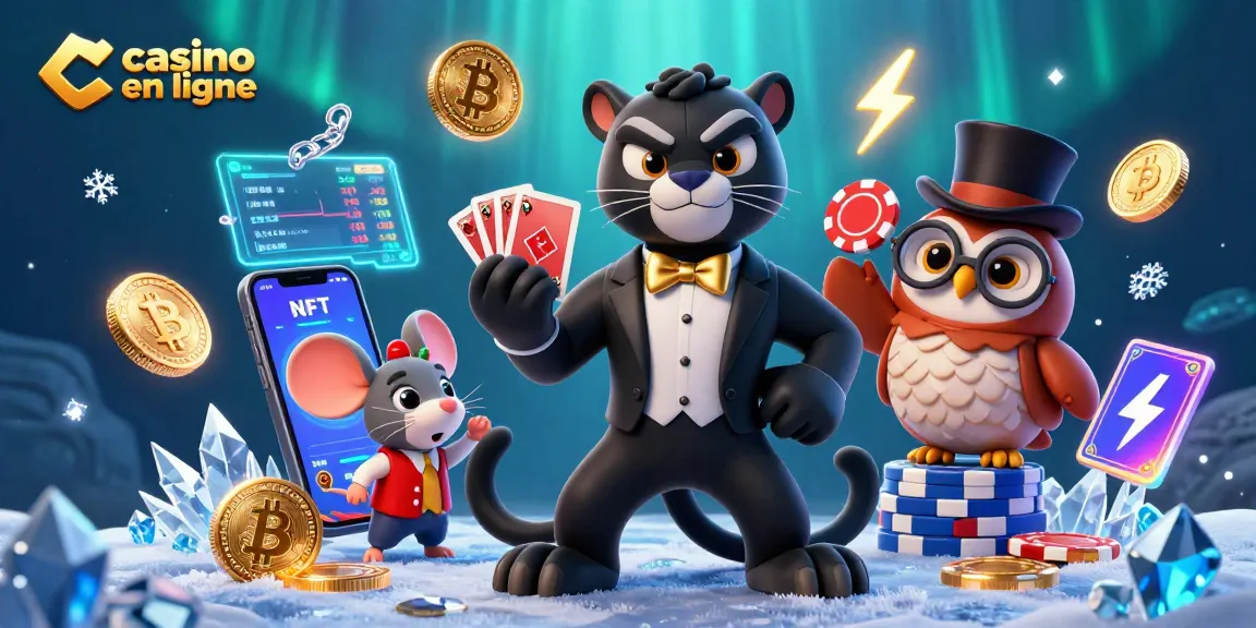 Un élégant casino en ligne avec des personnages colorés distribuant des cartes et des jetons.
