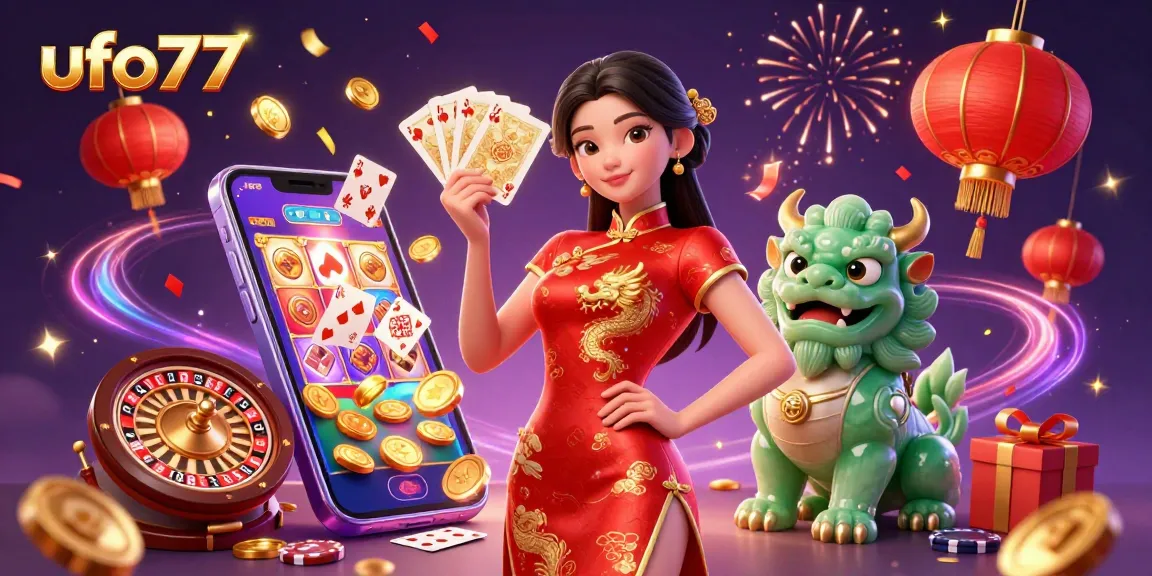 Engage with ufo777's captivating illustration of a woman in qipao presenting playing cards amongst casino elements.