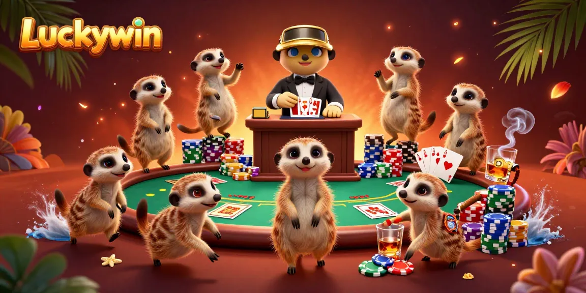 Engage with Luckywin's vibrant casino scene featuring meerkats managing the tables