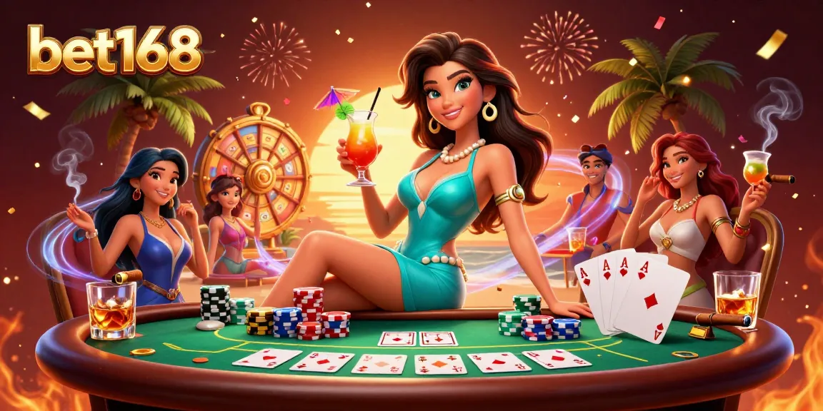 Experience the excitement of betting at bet168 with a vibrant casino scene featuring poker elements and tropical relaxation.