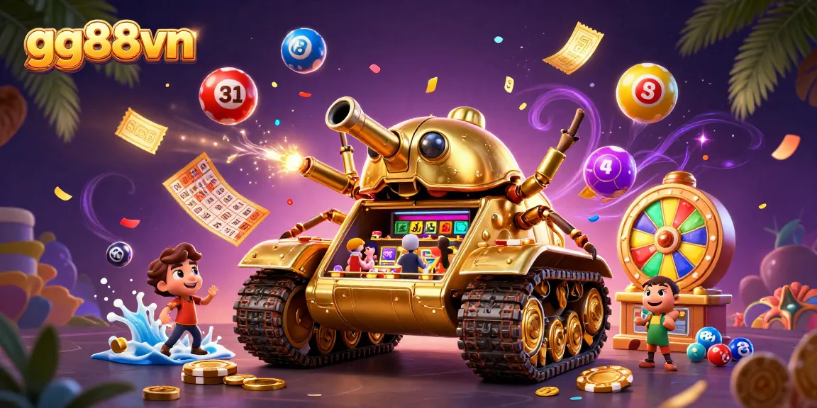 Engage with the colorful gambling scene at gg88vn filled with lottery balls, a casino beetle tank, and vibrant elements.