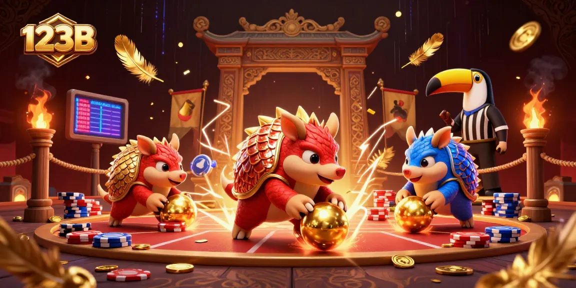 Engage in thrilling gameplay at 123B with vibrant pangolins rolling golden balls and poker chips.