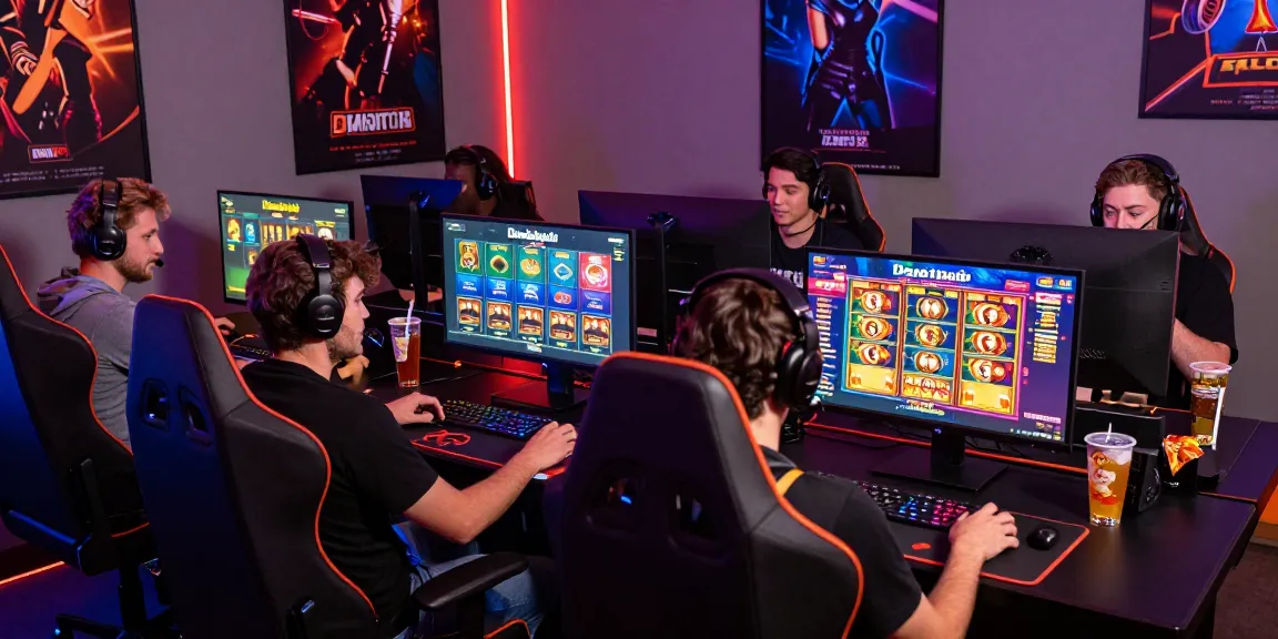 Diverse players enjoying Situs Resmi Dominobet with exciting online gaming atmosphere and colorful lights.