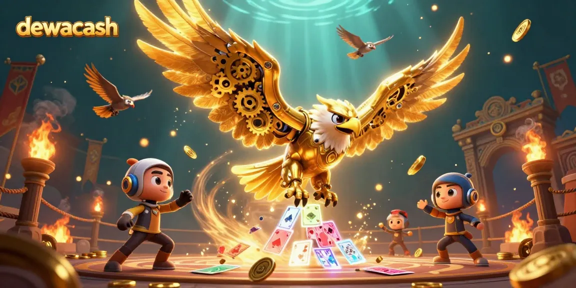 Dewacash features an epic casino scene with a cybernetic eagle, diving through holographic cards.