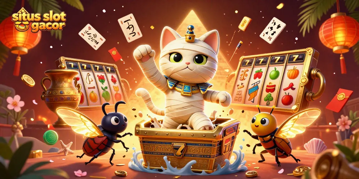 Menang di situs slot gacor dengan karakter kucing mumia berlari keluar dari sarkofagus emas.