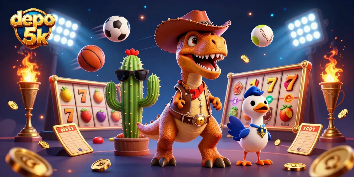 Engage with exciting depo 5k slots and casino action featuring a cowboy dinosaur and vibrant gambling elements.