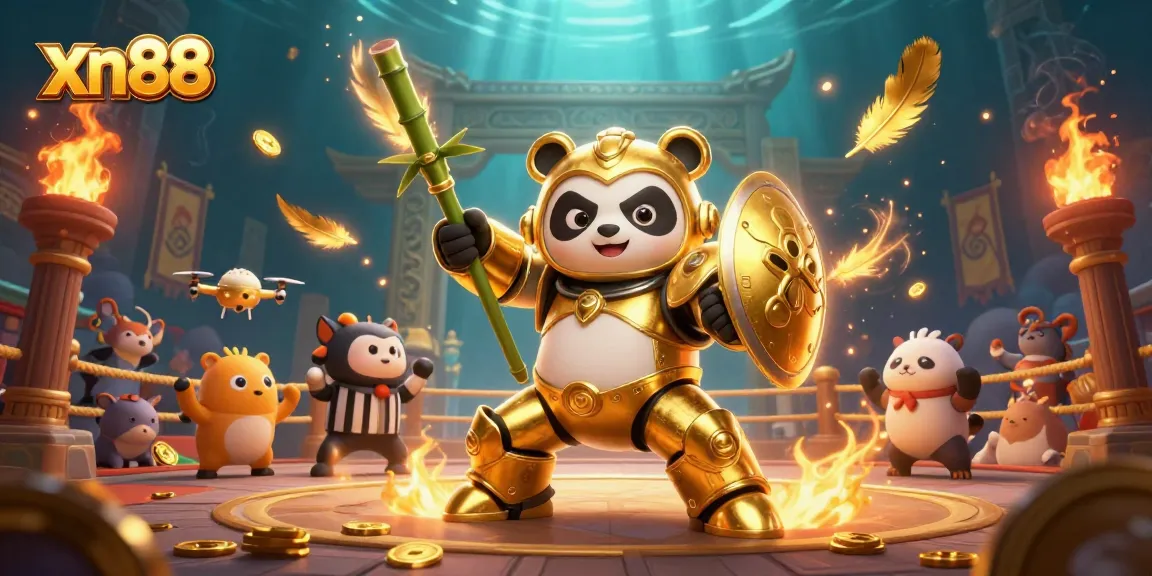 Engage in thrilling action at xn88 with a mech-suit panda battling in an exciting golden arena.