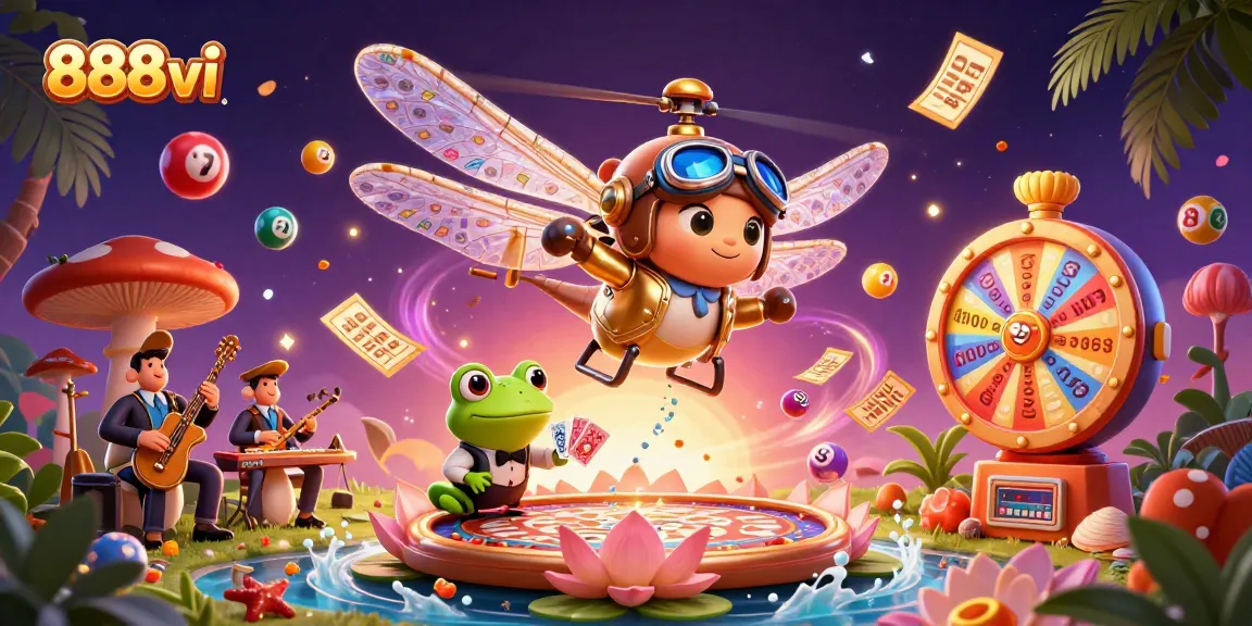 Engage with 888vi's vibrant 3D casino scene featuring a dragonfly pilot and frog croupier amidst joyful gambling elements.