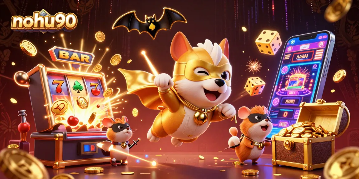 Nohu90 players enjoy a thrilling jackpot experience as a superhero dog and hamster deliver winning coins in a vibrant gaming scene.