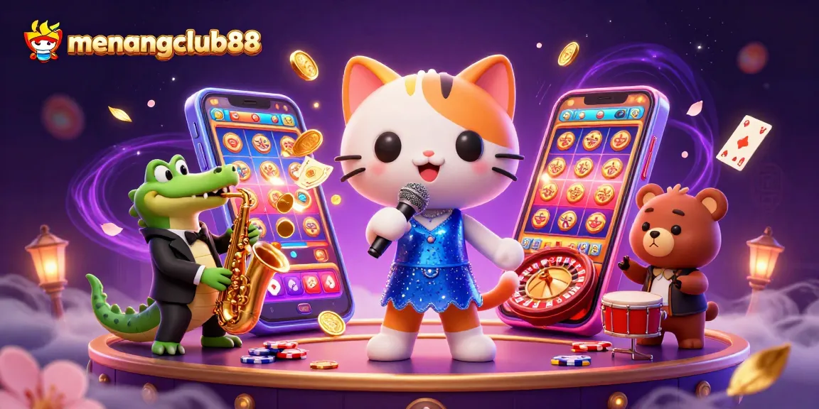 Experience mega wins at menangclub88 with this vibrant 3D casino scene, filled with engaging game elements.