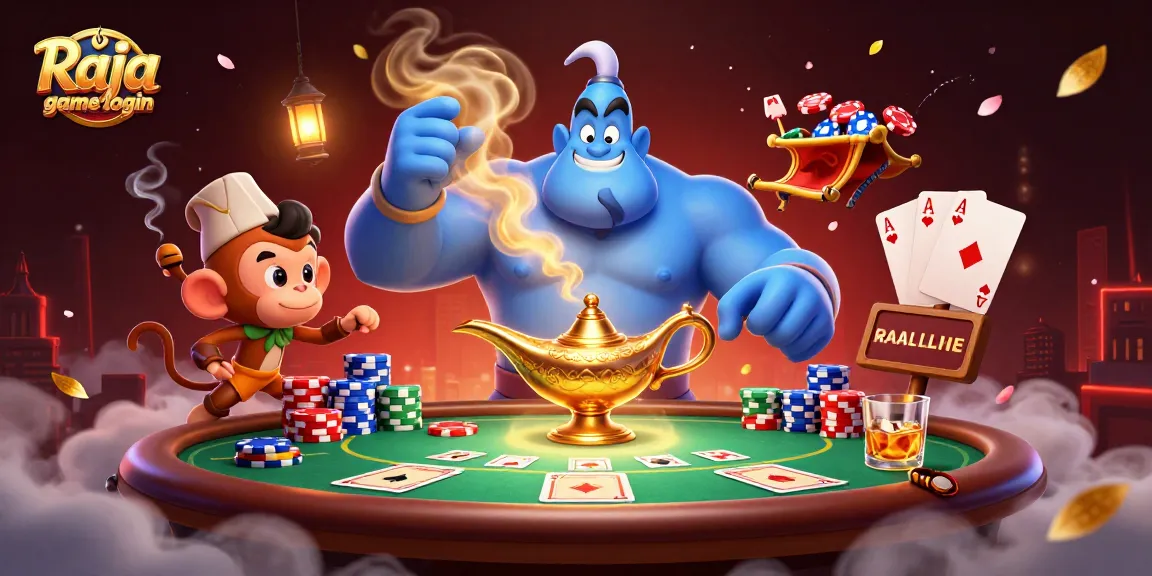 Experience Raja game login with thrilling poker action, featuring a genie and magical elements.