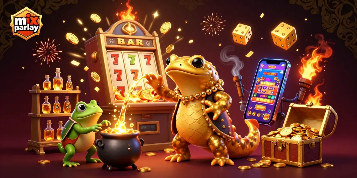 A dynamic scene illustrating mix parlay betting with characters transmuting metals into coins, surrounded by casino elements and a jackpot explosion.