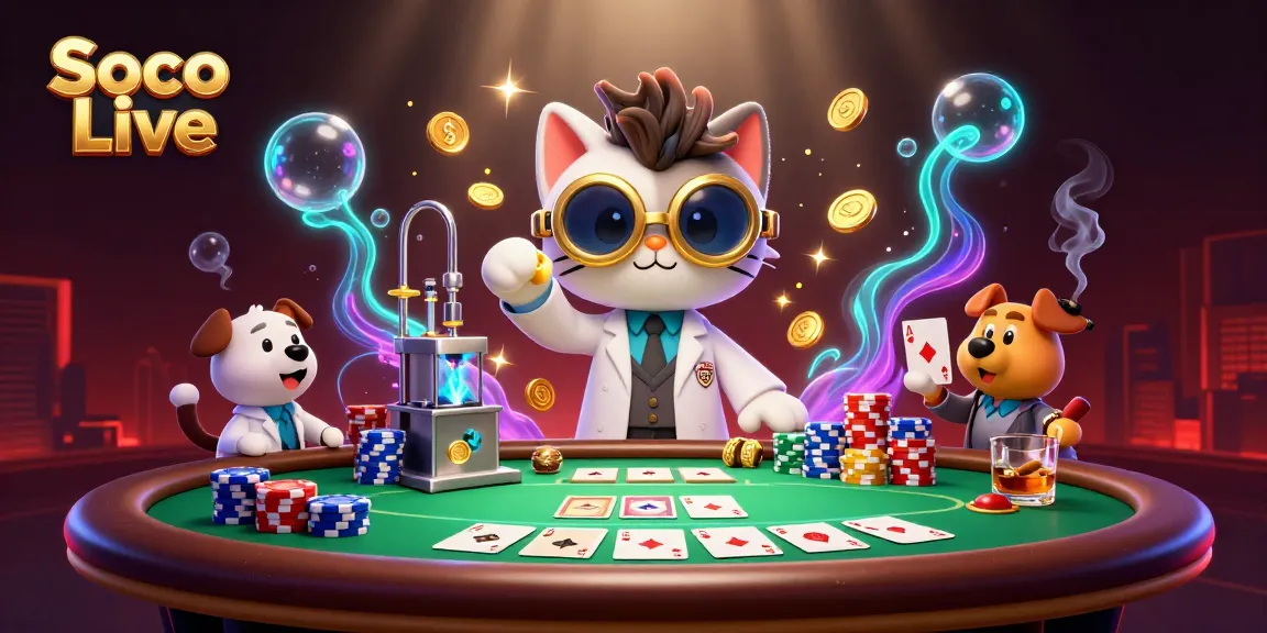 Experience Soco Live in thrilling casino style with our 3D illustration featuring poker elements and a mad scientist cat.