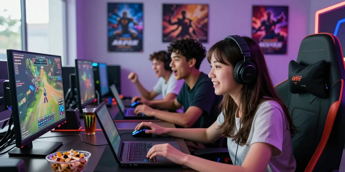 GOKIL33 sebagai portal resmi gaming terbaik, menggambarkan sekelompok gamer muda bersemangat bermain game online dengan laptop dan konsol di suasana yang ceria.