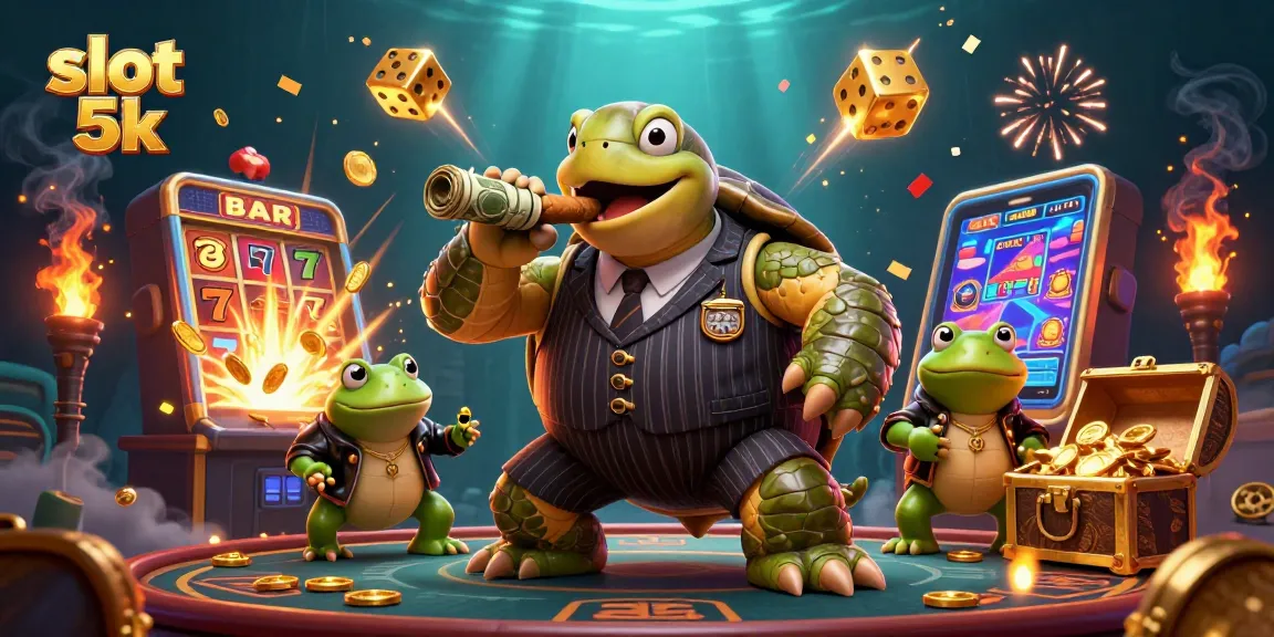 Experience thrilling action with slot 5k; a 3D cartoon turtle and bullfrog enforcers in a vibrant casino scene.