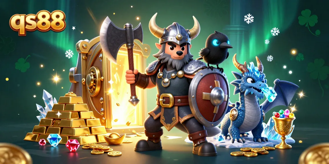 Engage with qs88 as a thrilling online casino experience featuring a Viking warrior, fierce dragon, and glimmering treasures.