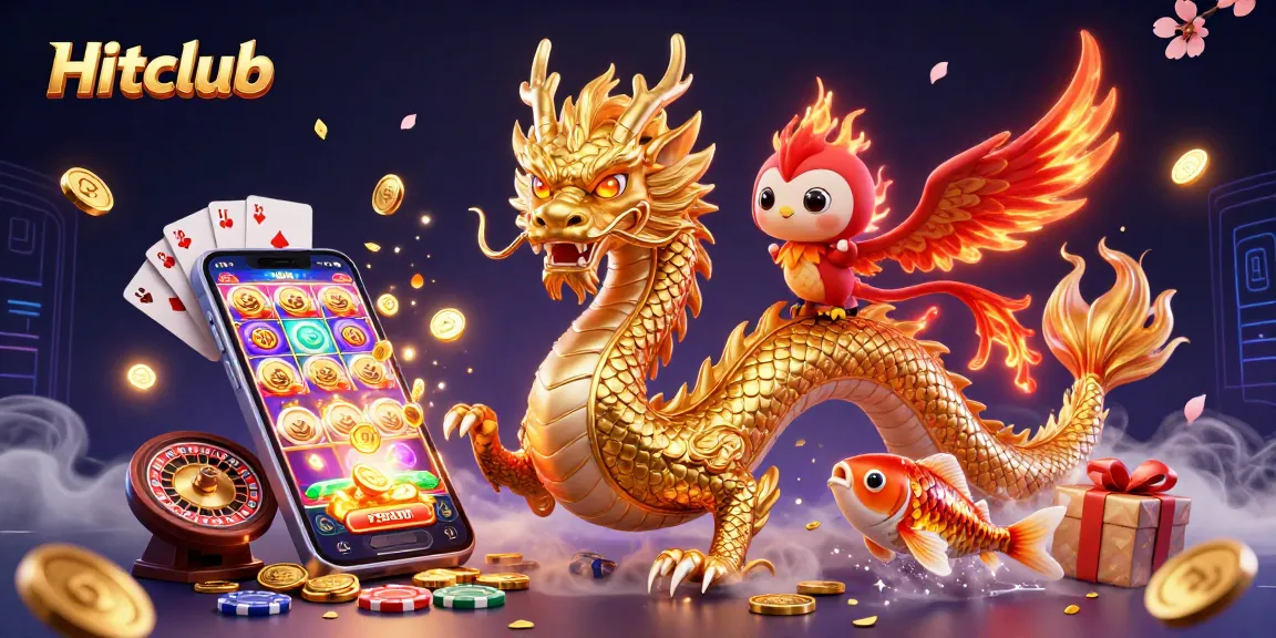 Hitclub provides thrilling gameplay with the fierce dragon and phoenix amidst glowing slot reels and golden treasures.