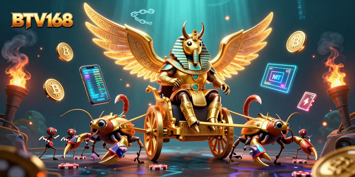 BTV168 showcases a colorful 3D casino scene with a golden scarab beetle and crypto elements.