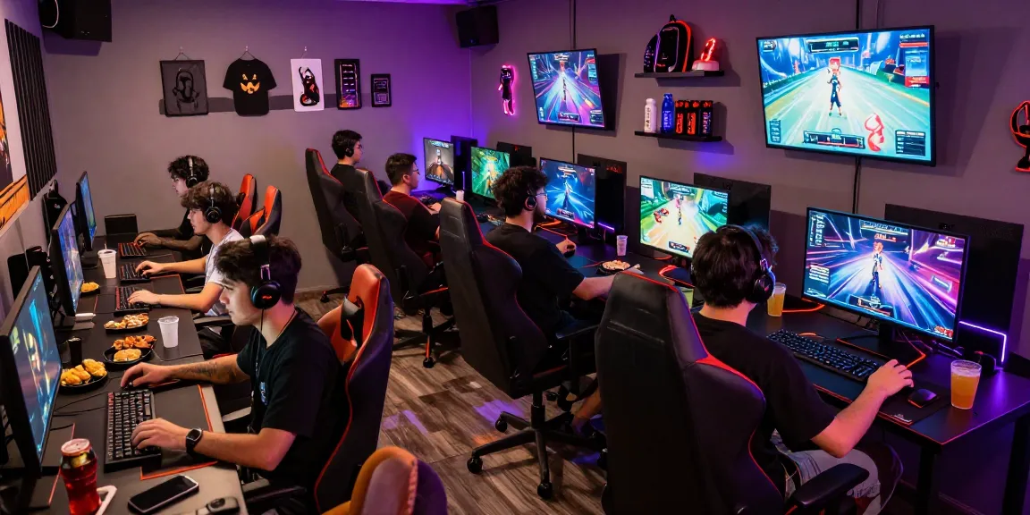 Players enjoying the excitement of rokok88 rtp in a vibrant gaming lounge filled with technology and camaraderie.