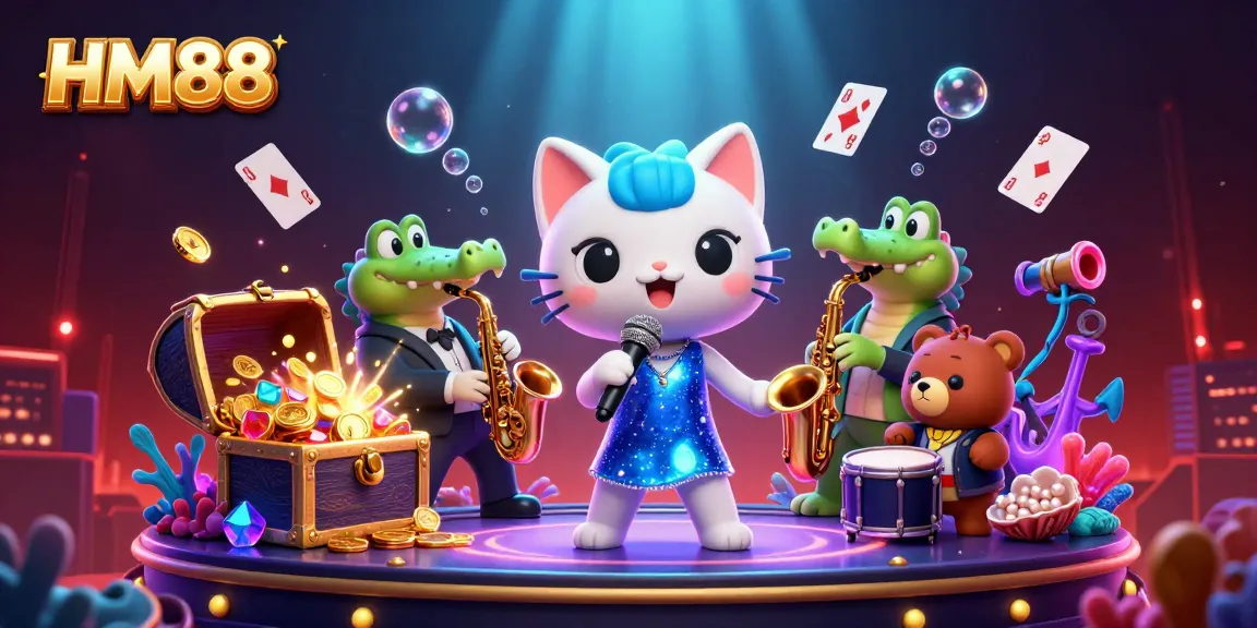 Experience the vibrant world of HM88 with an engaging 3D casino scene featuring characters and gaming elements.