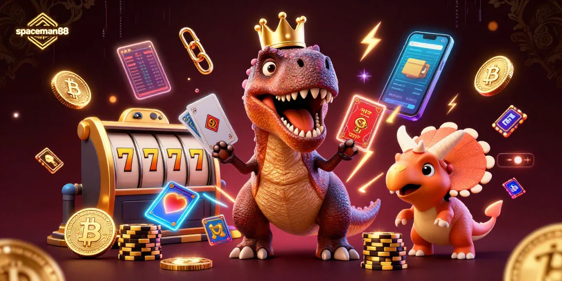 Spaceman88 showcases a lively casino scene with a T-Rex, pterodactyl, and triceratops engaged in gaming.
