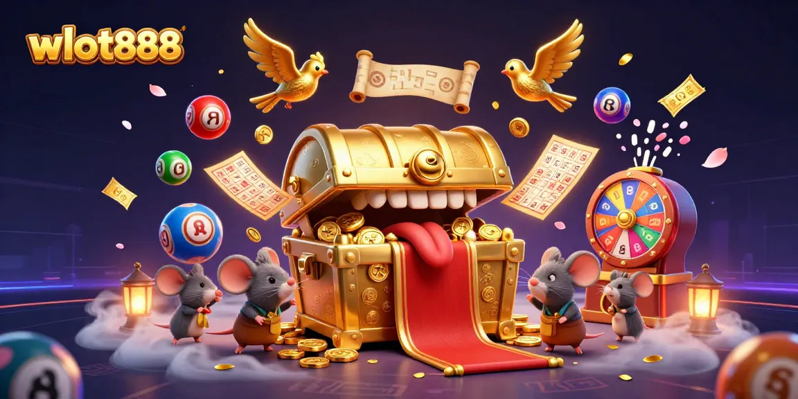 wslot888 menampilkan kombinasi imajinatif dengan peti harta karun dan karakter berburu hadiah, dikelilingi bola lotere yang berwarna-warni.
