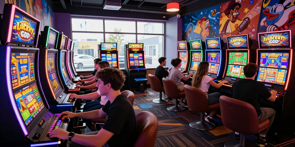 Exciting gaming scene featuring players enjoying Lucky God Progressive slot machines in a vibrant atmosphere