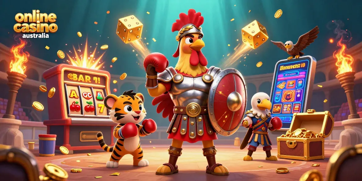 Experience online casino Australia with an exciting 3D scene of a gladiator rooster and game elements.